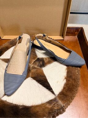 Talbots Navy and White Striped Pointed Slingback Flats